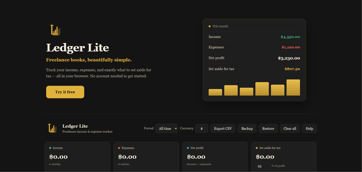 Ledger Lite online bookkeeping business site and expense tracker